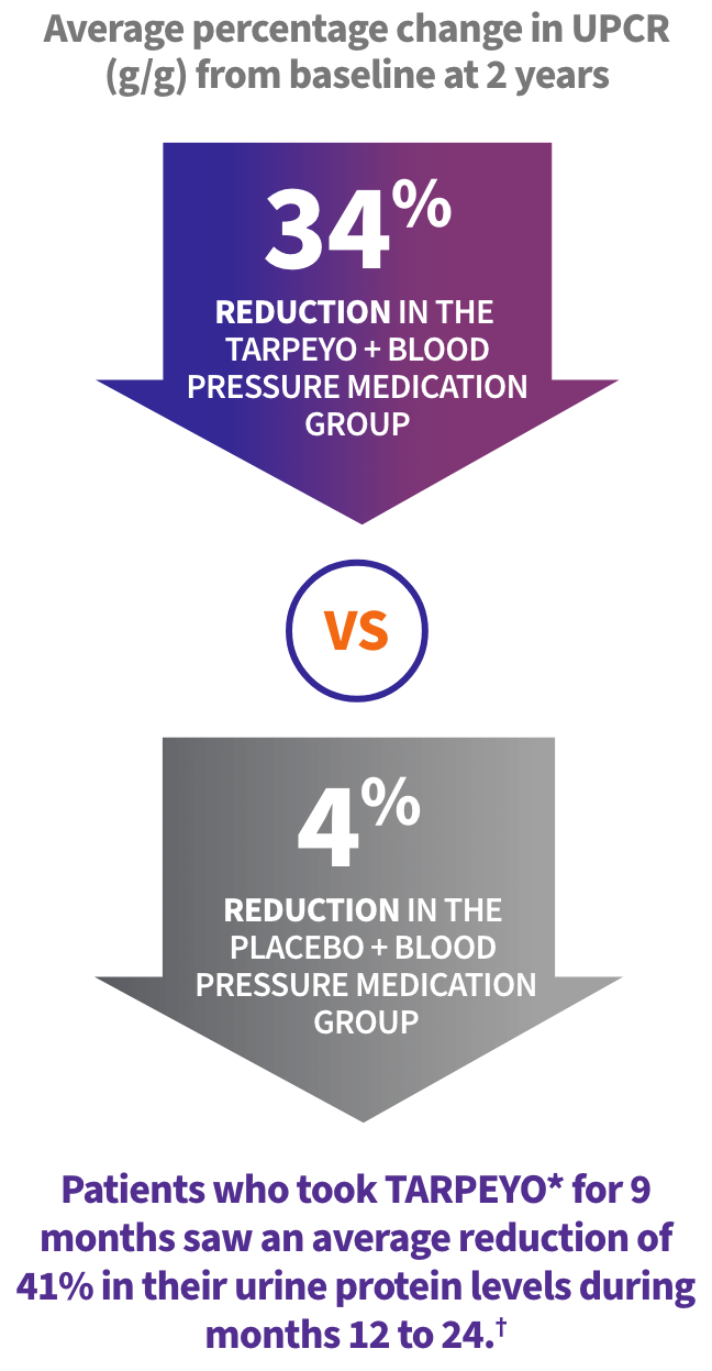 TARPEYO was shown to reduce urine protein levels vs blood pressure medication alone