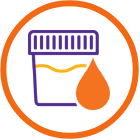 Urine collection sample cup and drop of blood