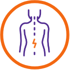Vector graphic of a person's back with an orange lightning bolt in lower area, indicating pain in lower back.