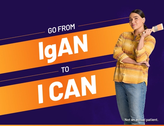 Woman in a yellow plaid shirt holding a paintbrush beside the words “Go from IgAN to I CAN