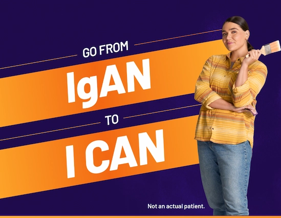 Woman in a yellow plaid shirt holding a paintbrush beside the words “Go from IgAN to I CAN